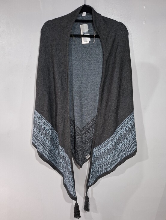 Charter Club Sweaters - Charter Club Dark Gray Shawl with Light Blue Trim Sz OS NWT Tassel Boho